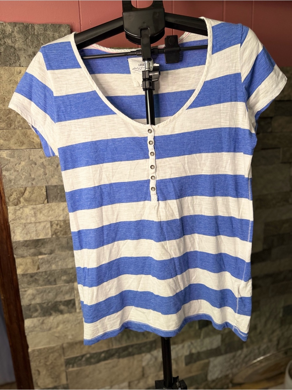 H&M L.O.G.G. Blue White Striped Slub Knit Henley Short Sleeve Tee Size XL